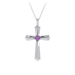 Flared Cross Pendant with Princess Stone in 925 Sterling Silver with Amethyst