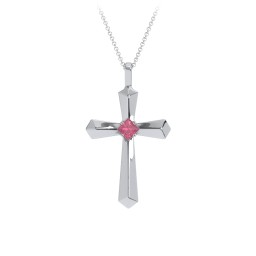 Flared Cross Pendant with Princess Stone in 925 Sterling Silver with Pink Tourmaline