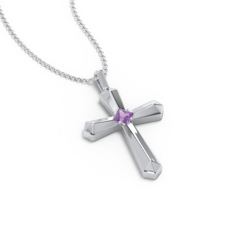 Flared Cross Pendant with Princess Stone – Sterling Silver with Amethyst