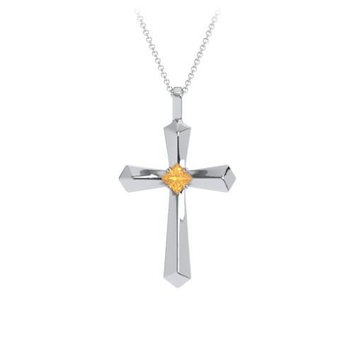 Flared Cross Pendant with Princess Stone – Sterling Silver with Citrine