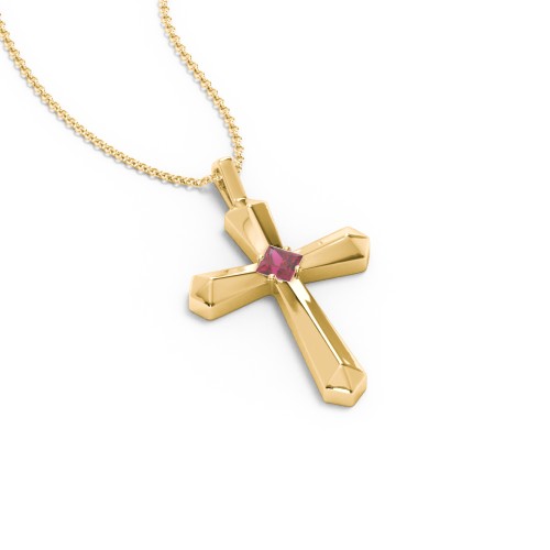 Flared Cross Pendant with Princess Stone – 10K Yellow Gold with Ruby