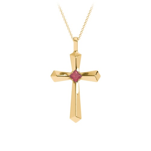 Flared Cross Pendant with Princess Stone – 10K Yellow Gold with Ruby