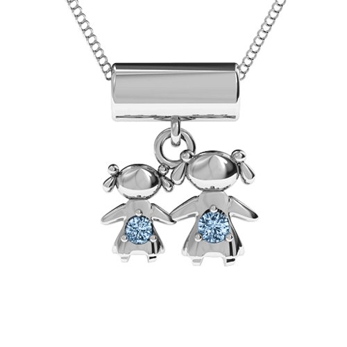 Sisters or Mother and Daughter Character Pendant – Sterling Silver with Aquamarine