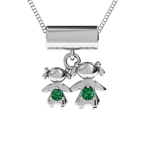 Sisters or Mother and Daughter Character Pendant – Sterling Silver with Emerald