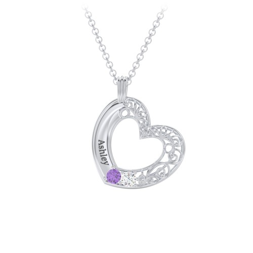 Engravable Filigree Heart Pendant with Birthstones
