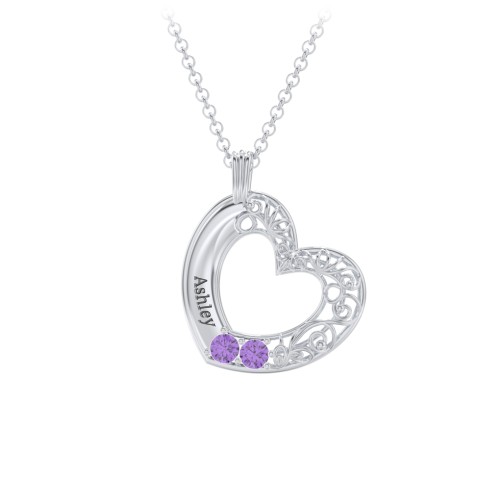 Engravable Filigree Heart Pendant with Birthstones