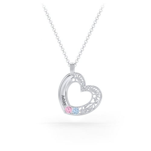 Engravable Filigree Heart Pendant with Birthstones – Sterling Silver with Pink Tourmaline and Blue Topaz