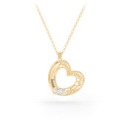Engravable Filigree Heart Pendant with Birthstones in 18K Gold Plated Silver with Cubic Zirconia