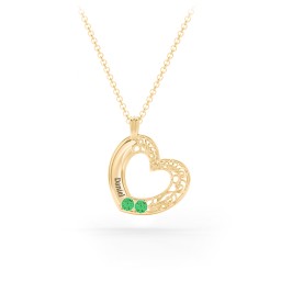 Engravable Filigree Heart Pendant with Birthstones in 18K Gold Plated Silver with Emerald