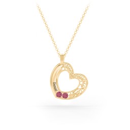 Engravable Filigree Heart Pendant with Birthstones in 18K Gold Plated Silver with Ruby