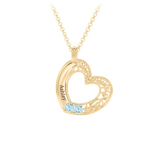 Engravable Filigree Heart Pendant with Birthstones – 18K Gold Plated Silver with Blue Topaz