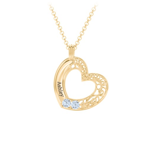 Engravable Filigree Heart Pendant with Birthstones – 18K Gold Plated Silver with Aquamarine