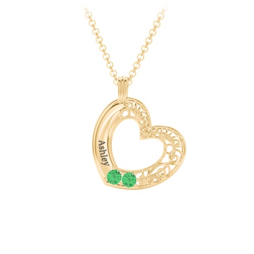 Engravable Filigree Heart Pendant with Birthstones – 18K Gold Plated Silver with Emerald
