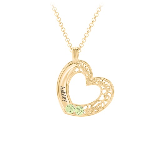 Engravable Filigree Heart Pendant with Birthstones – 18K Gold Plated Silver with Peridot