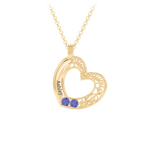 Engravable Filigree Heart Pendant with Birthstones – 18K Gold Plated Silver with Blue Sapphire