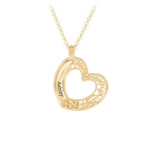Engravable Filigree Heart Pendant with Birthstones – 18K Gold Plated Silver with Citrine
