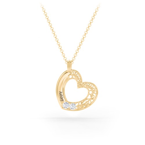 Engravable Filigree Heart Pendant with Birthstones – 18K Gold Plated Silver with Cubic Zirconia