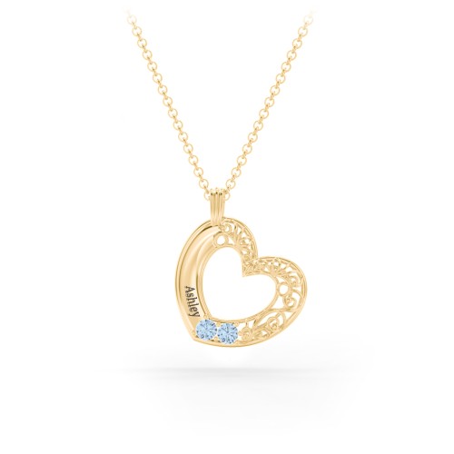 Engravable Filigree Heart Pendant with Birthstones – 18K Gold Plated Silver with Blue Topaz
