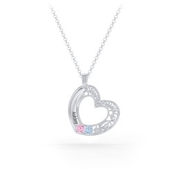 Engravable Filigree Heart Pendant with Birthstones in 925 Sterling Silver with Pink Tourmaline and Blue Topaz