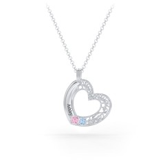 Engravable Filigree Heart Pendant with Birthstones – 10K Yellow Gold with Pink Tourmaline and Blue Topaz