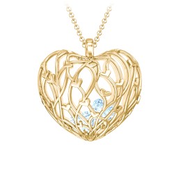 Organic Caged Hearts Pendant in 18K Gold Plated Silver with Aquamarine, Cubic Zirconia, Blue Topaz, Blue Sapphire, and Emerald