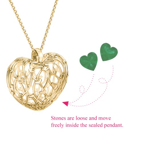 Organic Caged Hearts Pendant – 18K Gold Plated Silver with Emerald