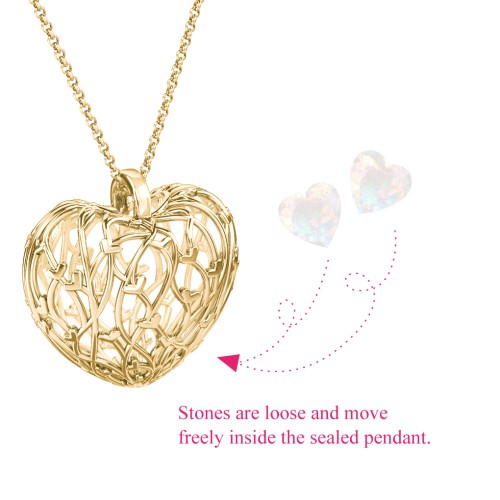 Organic Caged Hearts Pendant – 18K Gold Plated Silver with Opal