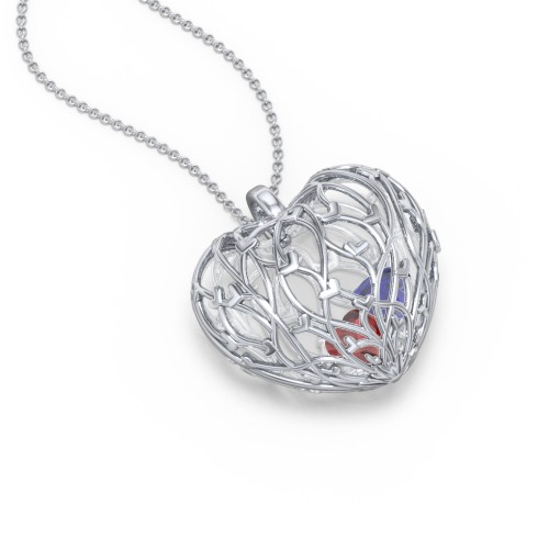 Organic Caged Hearts Pendant – Sterling Silver with Garnet and Blue Sapphire