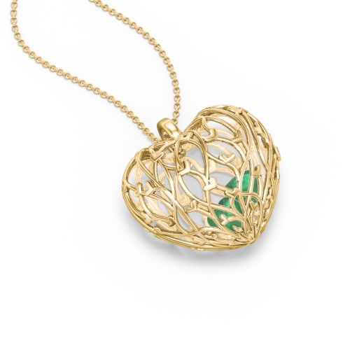Organic Caged Hearts Pendant – 18K Gold Plated Silver with Emerald