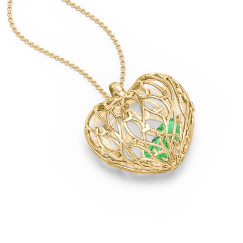 Organic Caged Hearts Pendant – 18K Gold Plated Silver with Emerald