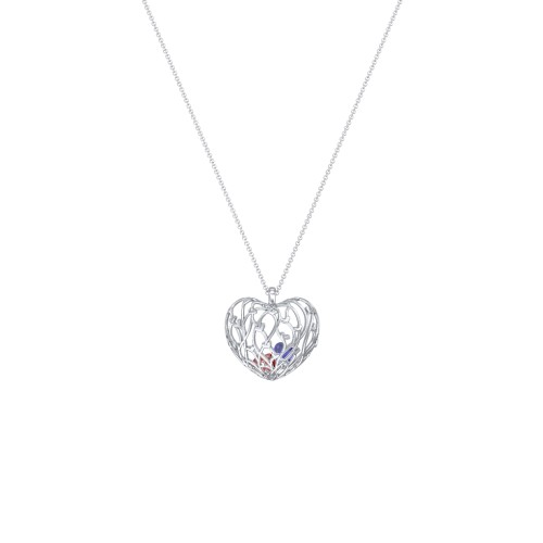Organic Caged Hearts Pendant – Sterling Silver with Garnet and Blue Sapphire