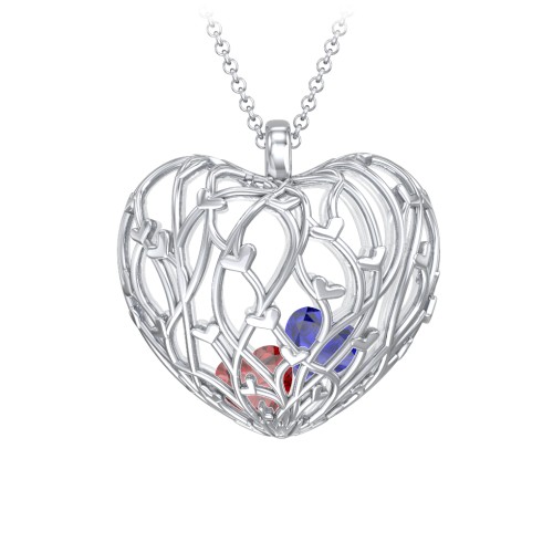 Organic Caged Hearts Pendant – Sterling Silver with Garnet and Blue Sapphire