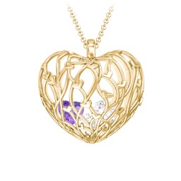 Organic Caged Hearts Pendant in 18K Gold Plated Silver with Cubic Zirconia and Amethyst