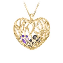 Organic Caged Hearts Pendant in 18K Gold Plated Silver with Smokey Quartz and Amethyst