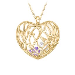 Organic Caged Hearts Pendant in 18K Gold Plated Silver with Amethyst, Cubic Zirconia, Blue Topaz, Blue Sapphire, and Emerald