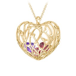 Organic Caged Hearts Pendant in 18K Gold Plated Silver with Ruby and Amethyst