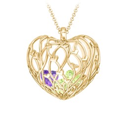 Organic Caged Hearts Pendant in 18K Gold Plated Silver with Peridot and Amethyst