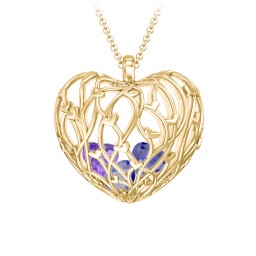 Organic Caged Hearts Pendant in 18K Gold Plated Silver with Blue Sapphire and Amethyst