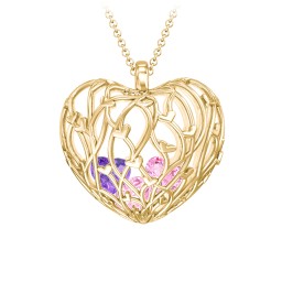 Organic Caged Hearts Pendant in 18K Gold Plated Silver with Pink Tourmaline and Amethyst