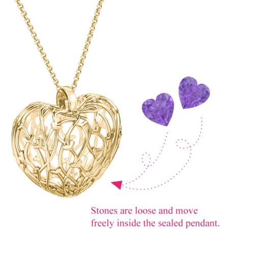 Organic Caged Hearts Pendant – 18K Gold Plated Silver with Amethyst