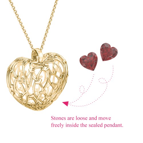 Organic Caged Hearts Pendant – 18K Gold Plated Silver with Garnet