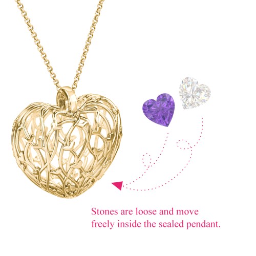 Organic Caged Hearts Pendant – 18K Gold Plated Silver with Amethyst and Cubic Zirconia