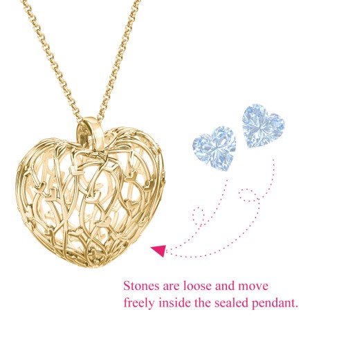 Organic Caged Hearts Pendant – 18K Gold Plated Silver with Aquamarine