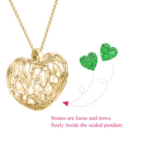 Organic Caged Hearts Pendant – 18K Gold Plated Silver with Emerald