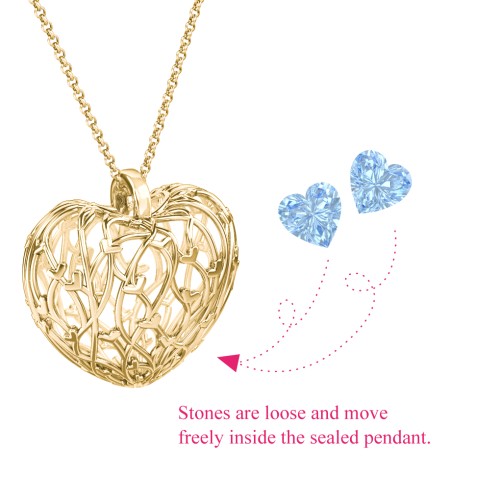 Organic Caged Hearts Pendant – 18K Gold Plated Silver with Blue Topaz