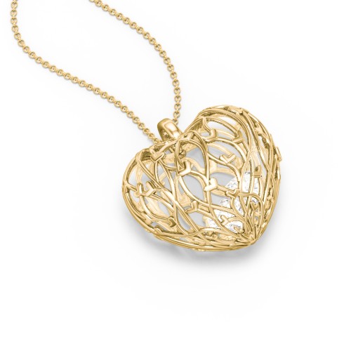 Organic Caged Hearts Pendant – 18K Gold Plated Silver with Cubic Zirconia