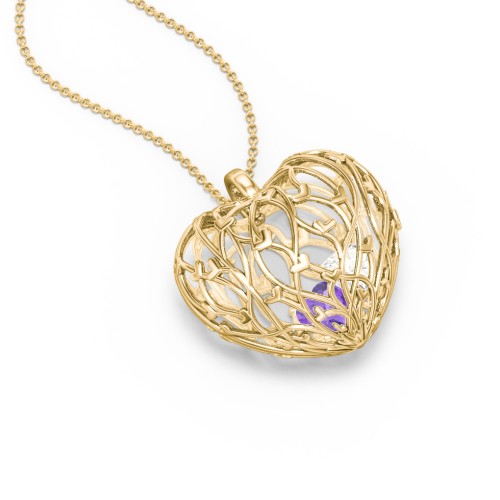 Organic Caged Hearts Pendant – 18K Gold Plated Silver with Amethyst and Cubic Zirconia