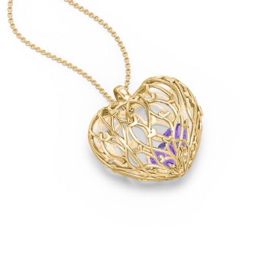 Organic Caged Hearts Pendant – 18K Gold Plated Silver with Amethyst