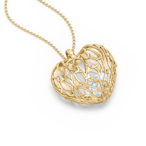 Organic Caged Hearts Pendant – 18K Gold Plated Silver with Aquamarine