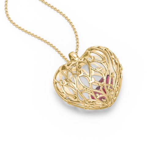 Organic Caged Hearts Pendant – 18K Gold Plated Silver with Ruby